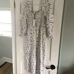 House of Harlow 1960 Linen Smocked Bodice Floral Midi Dress